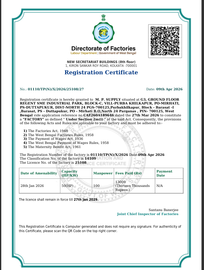 Factory Registration Certificate – MP Supply, Directorate of Factories West Bengal