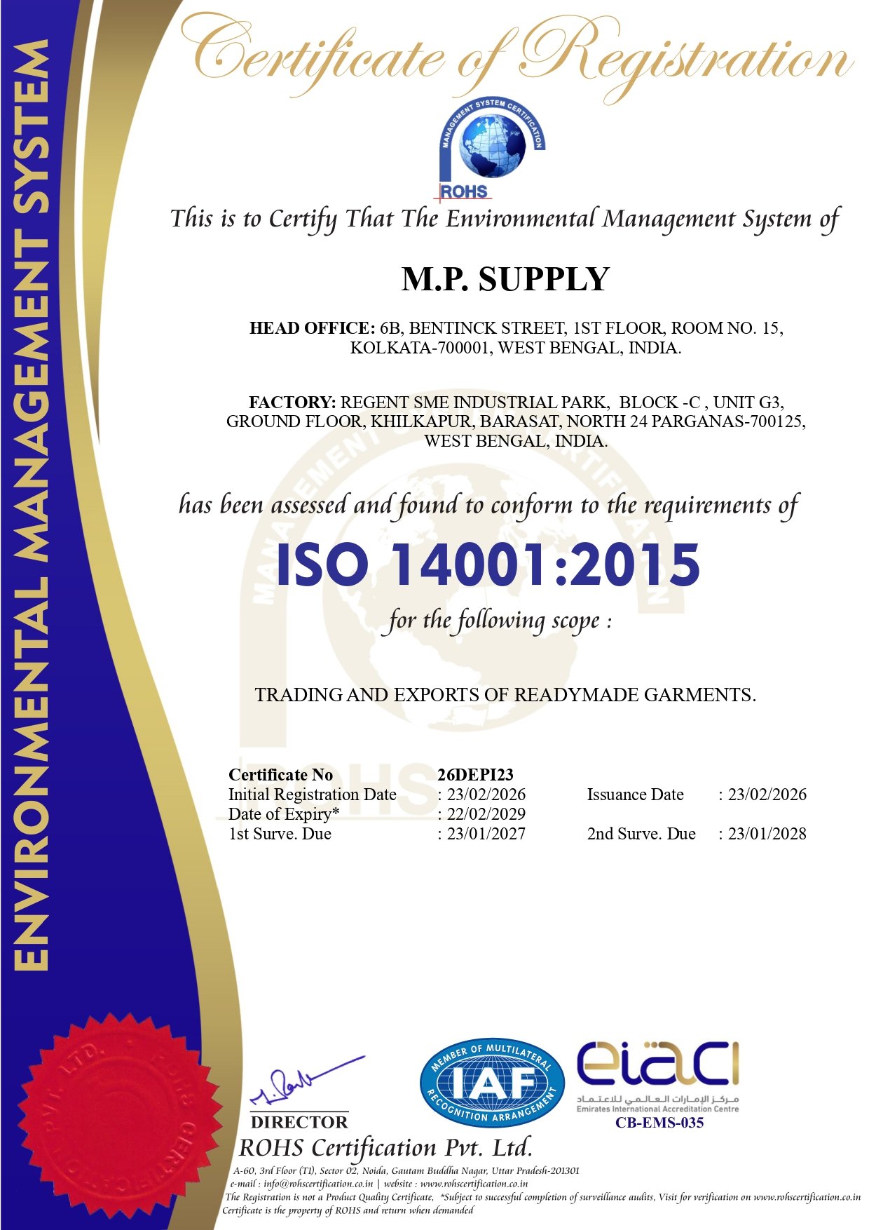 ISO 14001:2015 Certificate - MP Supply Environmental Management System