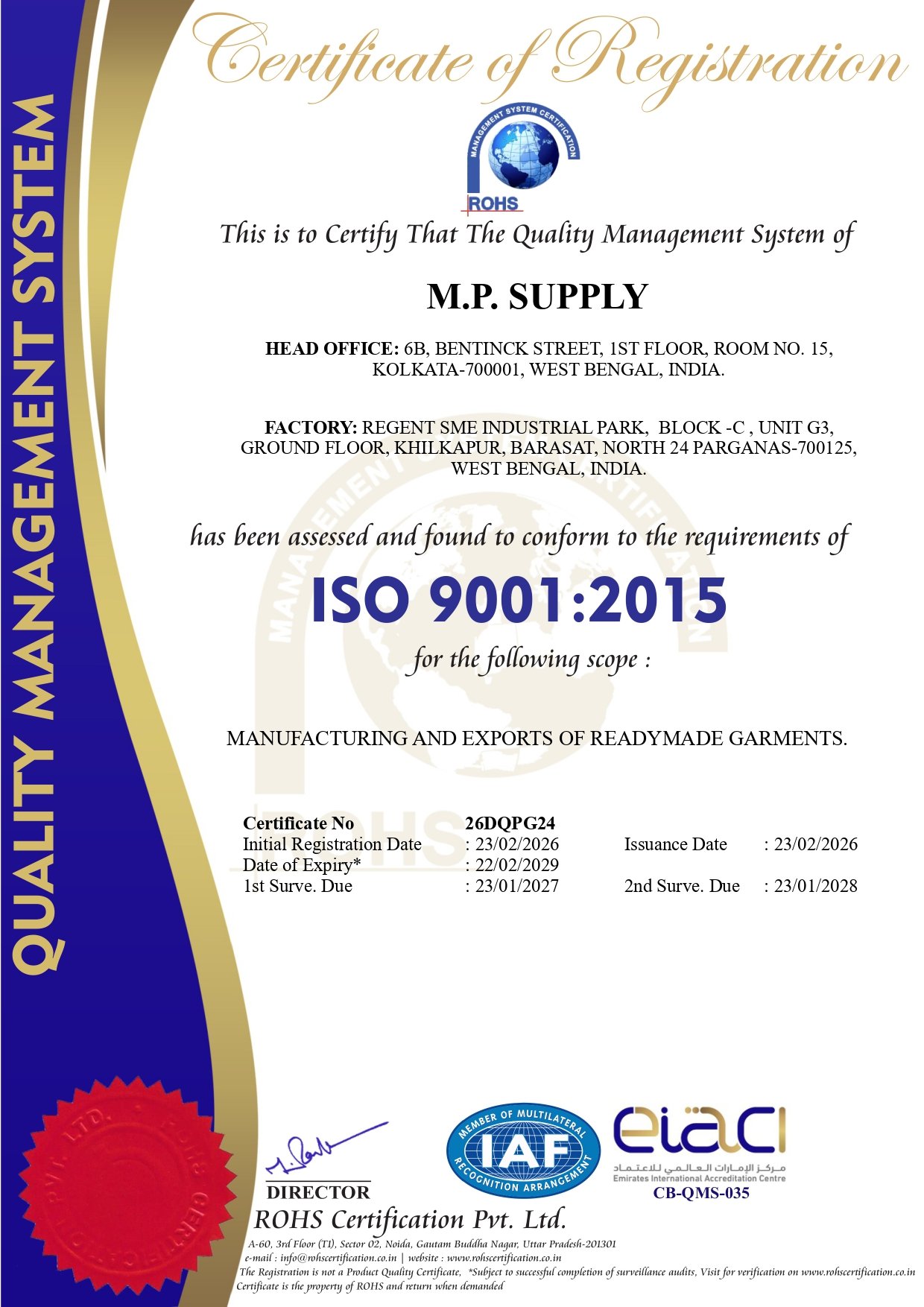 ISO 9001:2015 Certificate - MP Supply Quality Management System